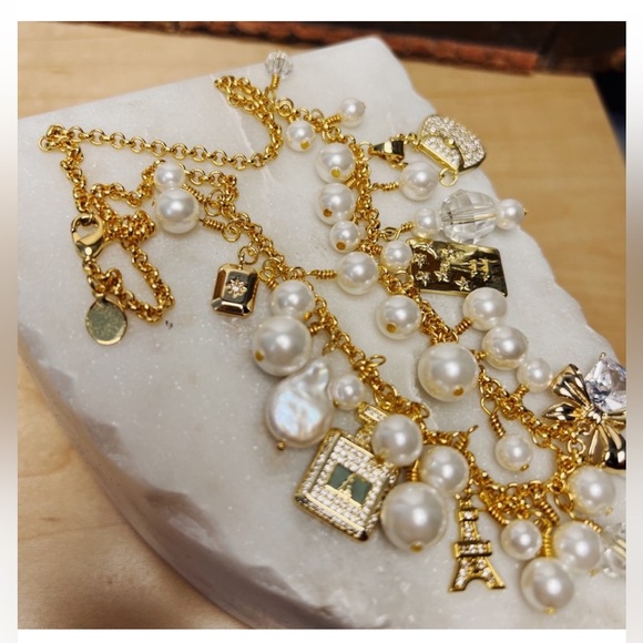 LilyLilyL Jewelry - LilyLilyL Charming Gold-Tone & Pearl Statement Necklace w/Bow & Crystal Charms